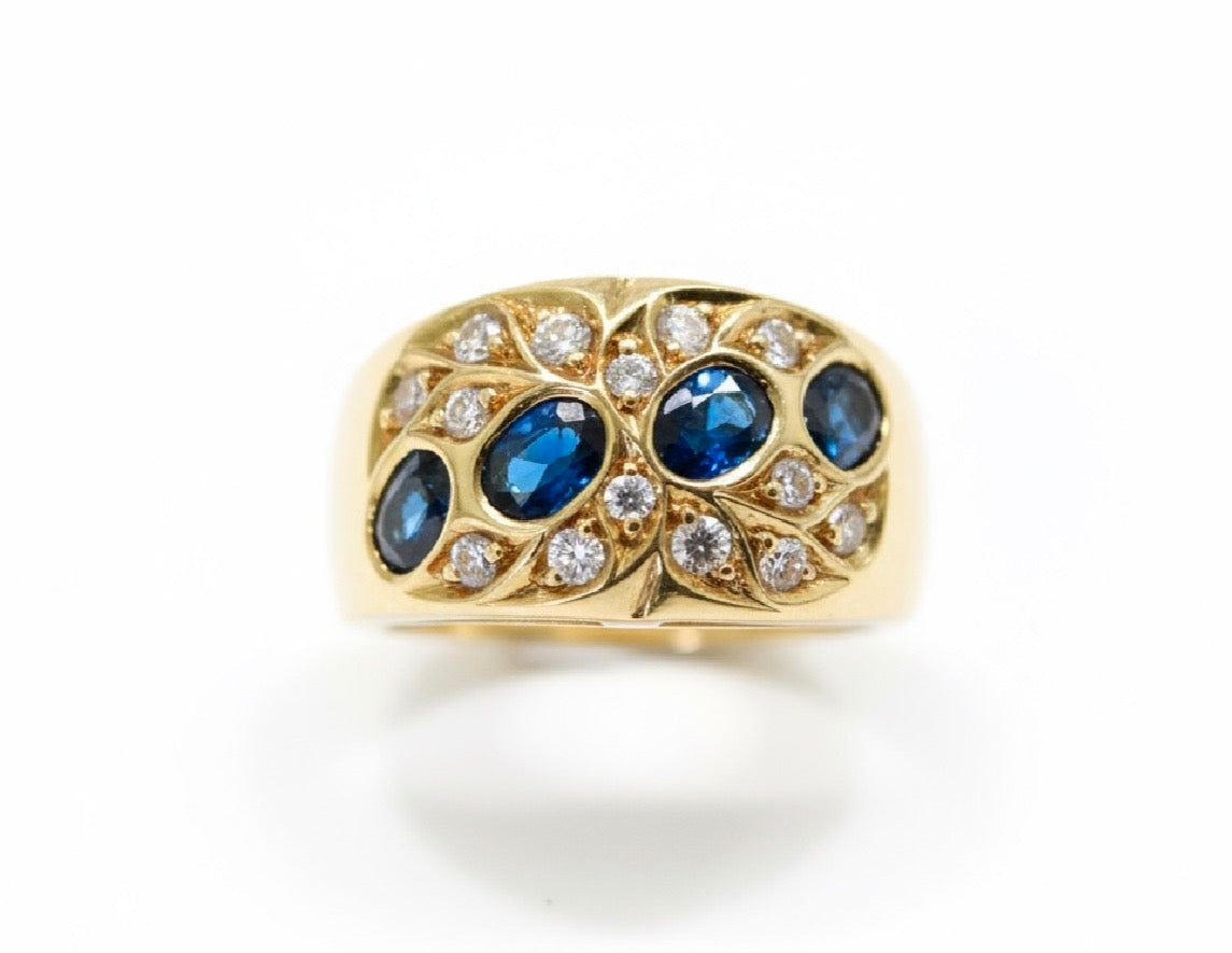 Anello Fascia in Oro Giallo, Zaffiri e Diamanti